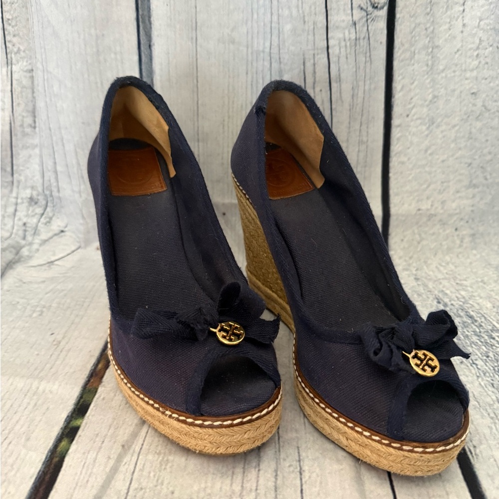 Tory Burch Blue Tan Wedges with Bow Detail